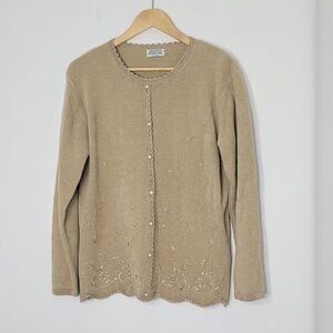 Vintage Coquette MOFFI Tan Brown Embroidered Floral Button Knit Cardigan Crochet